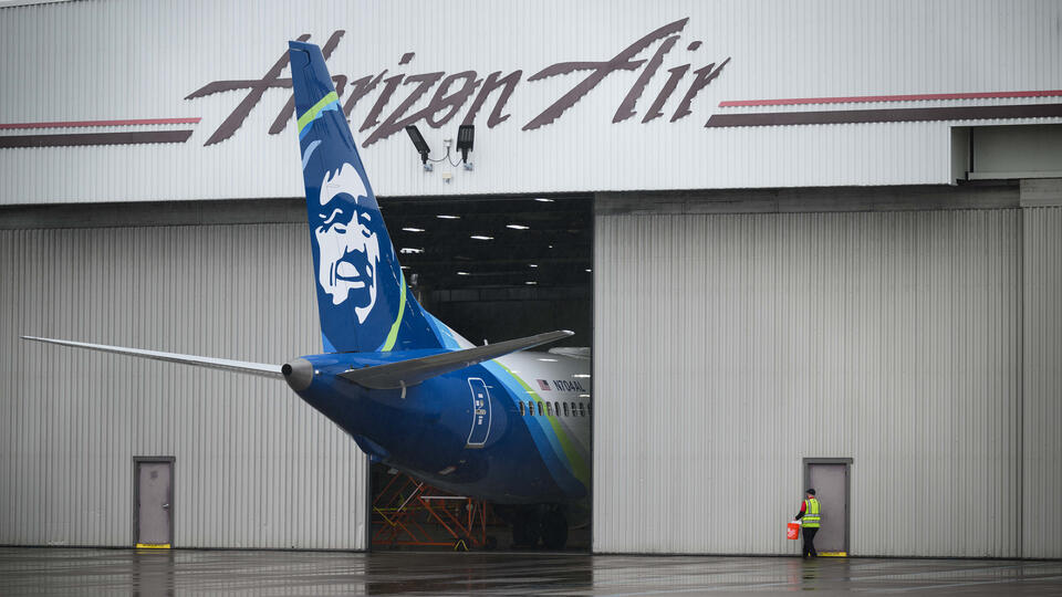 The Alaska Airlines Boeing 737 MAX 9 aircraft that was involved in a midair fuselage blowout in a hangar at Oregon’s Portland International Airport on January 9 during the investigation of the National Transportation Safety Board.